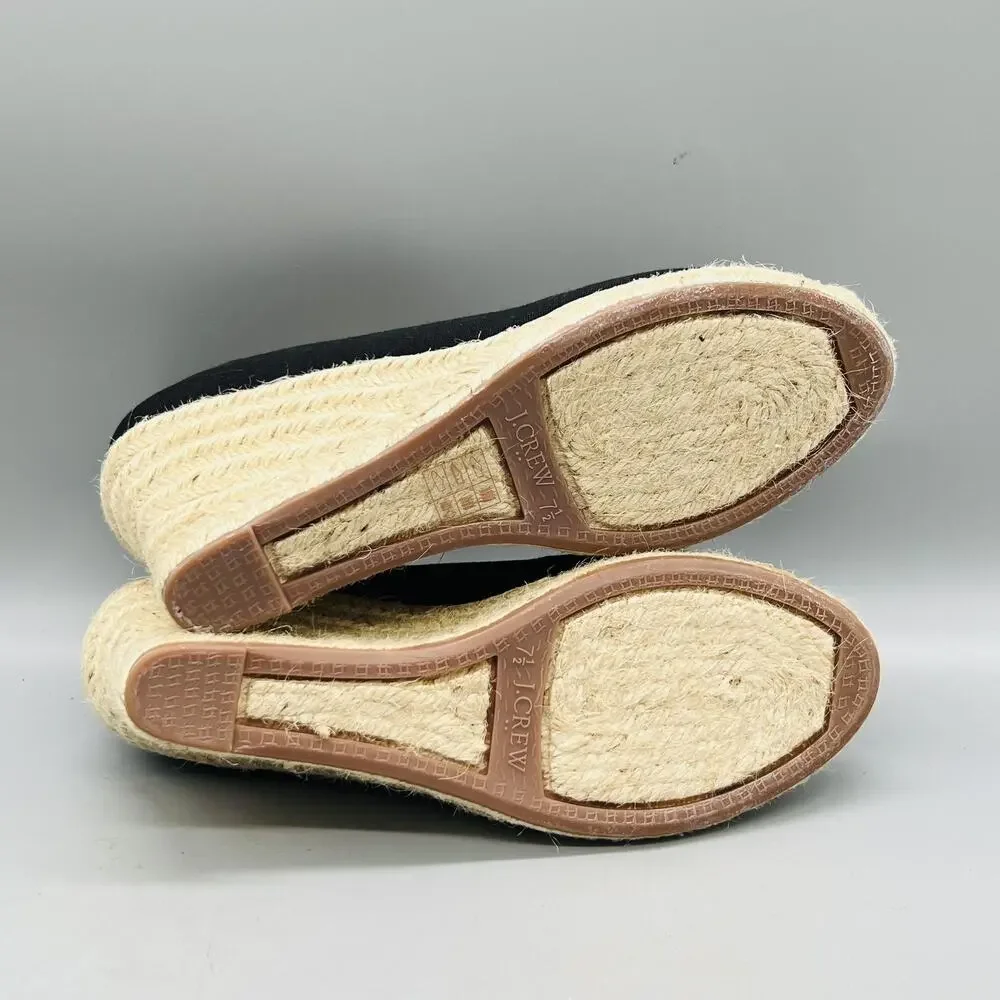 J Crew Shoes Womens 7.5 Black Cotton Espadrille Wedge Heels Round Toe Slip On